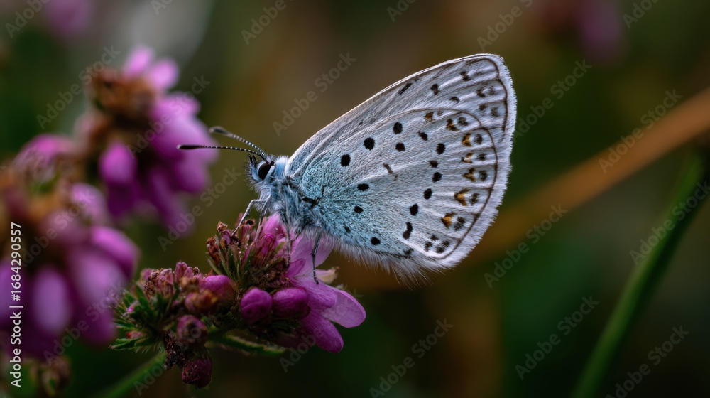 Fototapeta premium Close-Up of Blue Butterfly on Pink Wildflower in Natural Garden Setting