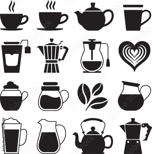 Collection of black silhouette icons for hot beverages and coffee preparation hot drink