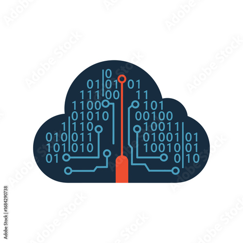 A stylized cloud icon representing digital data and technology, featuring binary code and circuit board elements.