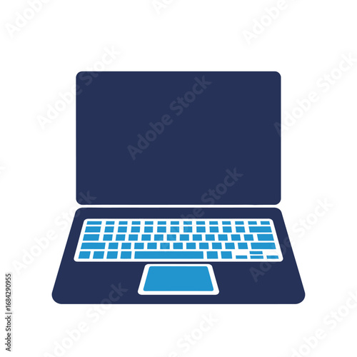 Stylized vector illustration of a laptop computer with a blue screen, keyboard, and touchpad on a white background.