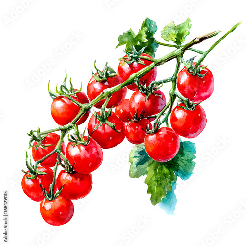 Vibrant Cherry Tomatoes on a Branch with Detailed Watercolor Illustration Style