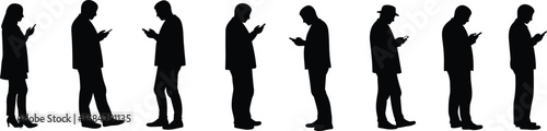 Silhouettes of diverse people standing and using smartphones, digital communication, social media interaction, technology addiction, modern lifestyle, mobile devices