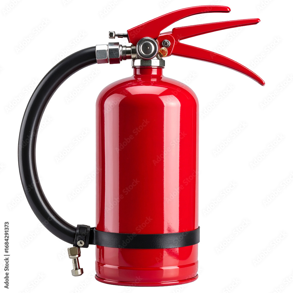 Obraz premium Fire Extinguisher Isolated On White Background: A vibrant red fire extinguisher, a symbol of safety, stands ready to combat any fiery threat, embodying protection and readiness.