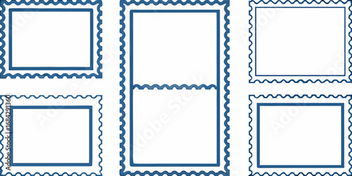 Collection of blue postage stamp frames with perforated edges on a white background
