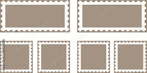 Collection of blank postage stamp frames with perforated edges on a neutral background