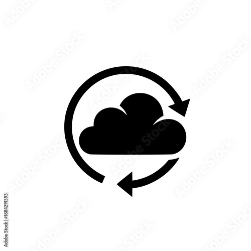 Cloud synchronization update silhouette vector graphic for logo design, circular arrows rotate around a cloud as a refresh and backup symbol