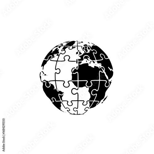 Global puzzle silhouette vector for logo. Symbolizing unity, connection, and interconnectedness of the world, this design represents collaboration and problem-solving