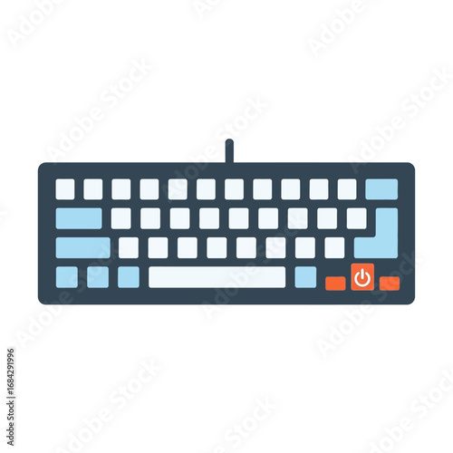 Top-down view of a dark gray computer keyboard with light blue and orange accents, isolated on a white background.