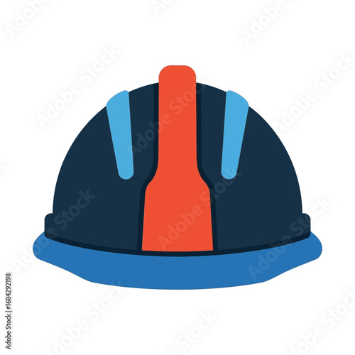 A colorful graphic illustration of a dark blue construction hard hat with orange and light blue stripes, viewed from the front.
