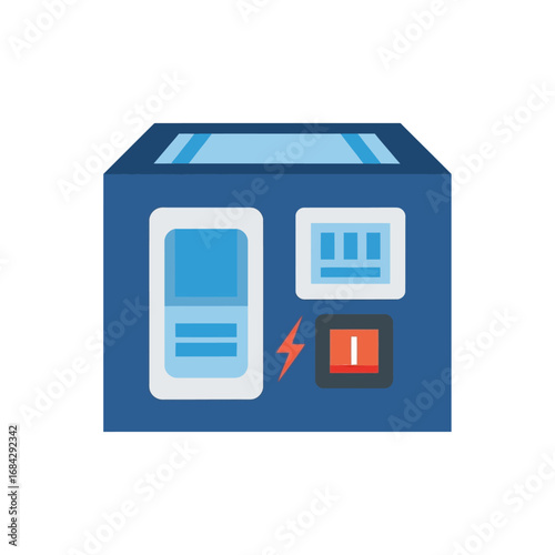 A flat vector icon of a blue industrial power supply unit with a control panel, switch, and a red on/off button.
