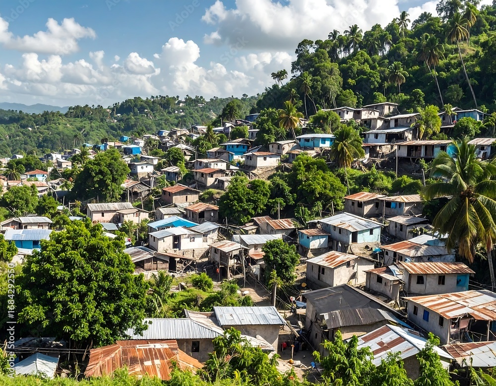 Obraz premium A hillside village nestled amongst lush foliage under a partly cloudy sky