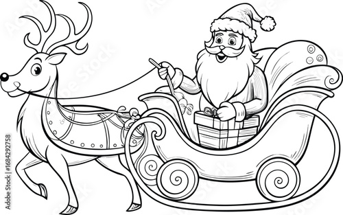 A colorful Christmas cartoon illustration of Santa Claus riding a sleigh with reindeer and other funny animals