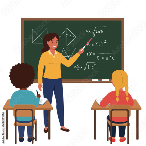 Teacher explains math formulas on a chalkboard to two students