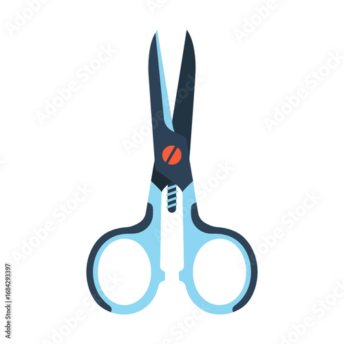 A stylized illustration of open blue and black scissors with orange screw detail.