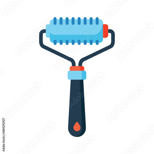 A flat vector icon of a handheld roller with a blue studded cylinder and a dark handle, used for massage or skincare.