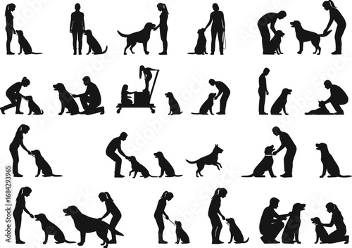 Silhouettes of People Training, Walking, and Playing with Dogs in Various Poses – Vector Illustration of Pet Care Activities