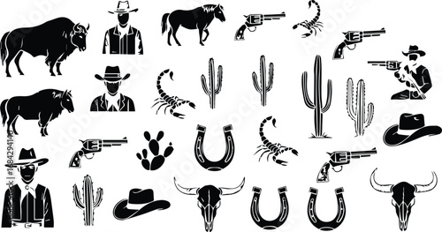 Collection of western american icons including cowboys bison cacti and horseshoes