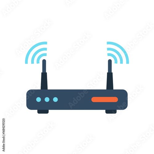 A flat design vector illustration of a Wi-Fi router with two antennas broadcasting a wireless internet signal.