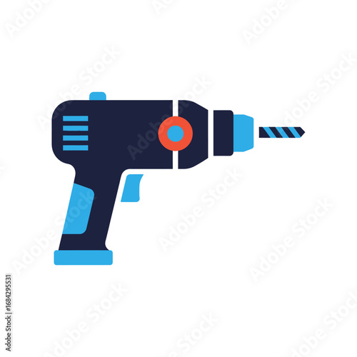 A flat vector illustration of a modern dark blue cordless power drill, a tool for construction and DIY projects.