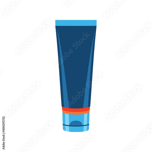 A dark blue squeeze tube with a bright orange band and a light blue cap, isolated on a white background, representing a cosmetic or personal care product.