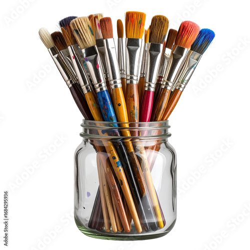 Artistic Toolkit Isolated On White Background: A close-up shot of various artist brushes in a glass jar, showcasing the tools of creativity and artistic expression. 