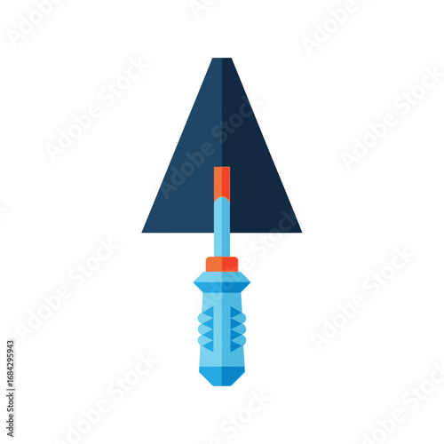 A flat design illustration of a dark blue triangular masonry trowel with a light blue handle on a white background.