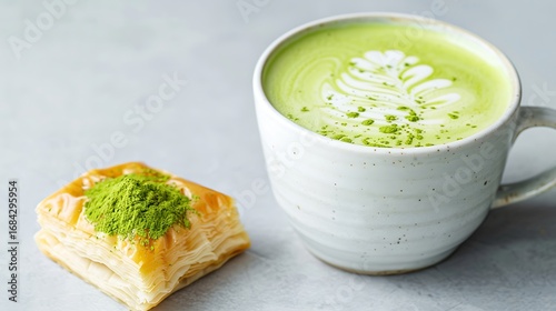 Enjoy vibrant matcha latte art with a sweet pastry dusted in green powder.