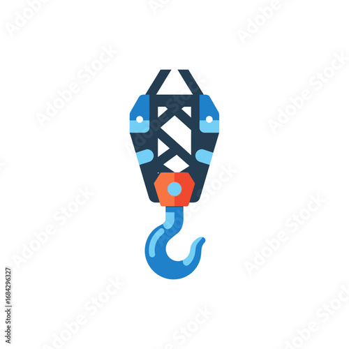 A stylized flat vector icon of a blue industrial crane hook with a pulley block assembly.
