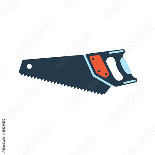 A dark blue hand saw with a red and light blue handle, designed for cutting wood and other materials.