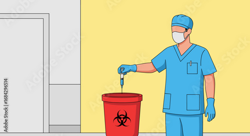 A medical professional in scrubs and a mask carefully disposes of a used syringe into a red biohazard waste bin, emphasizing crucial safety protocols.