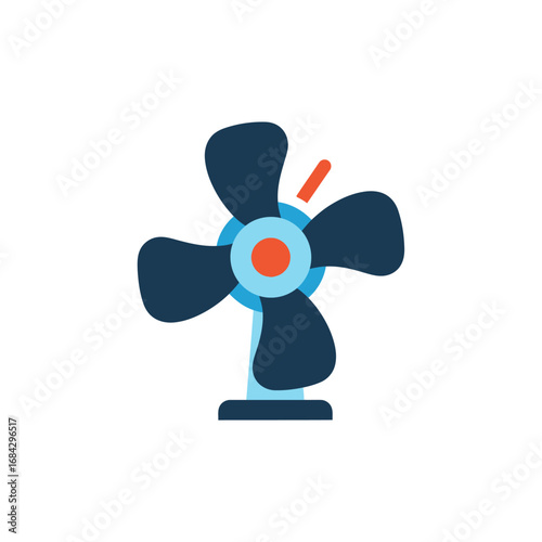 A flat design illustration of a small electric fan with dark blue blades and a light blue stand, used for cooling.