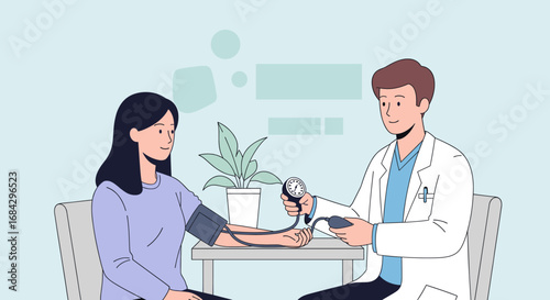 A professional male doctor in a white coat diligently measures the blood pressure of a young female patient during a routine medical check-up.