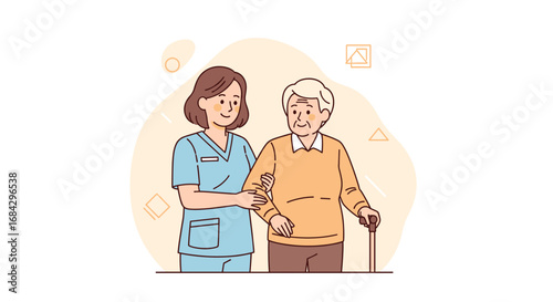 A compassionate female caregiver in a blue uniform gently assists a smiling senior man with a walking stick, symbolizing elder care and support.