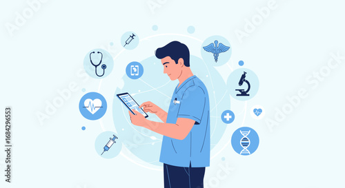 Digital healthcare consultation — male doctor using tablet with medical data icons, telemedicine