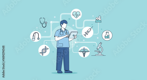 A male doctor in scrubs uses a digital tablet, surrounded by diverse icons, illustrating modern healthcare technology and patient care.