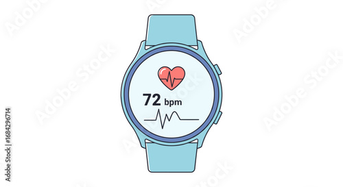A modern light blue smartwatch displays essential health metrics, showing a heart icon, a 72 bpm heart rate, and an ECG waveform for fitness tracking.