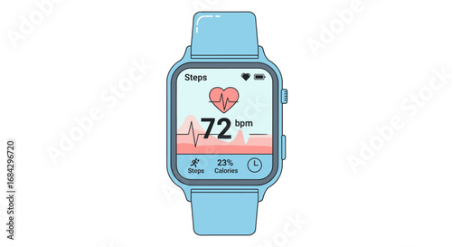 A modern blue smartwatch illustration clearly displays essential health metrics, including heart rate, steps, and calories, representing advanced personal fitness tracking.