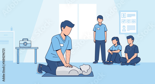 A medical professional demonstrates essential life-saving CPR techniques on a training dummy to a group of attentive students in a bright, modern classroom setting.