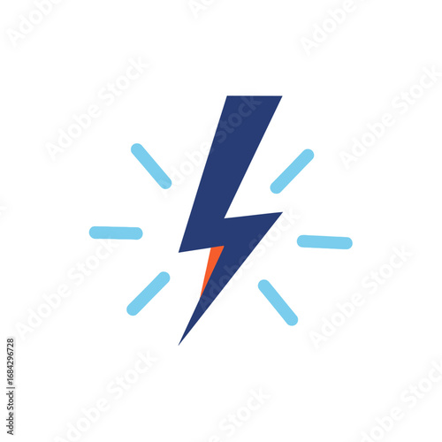 A stylized illustration of a blue and orange lightning bolt with radiating lines against a white background.