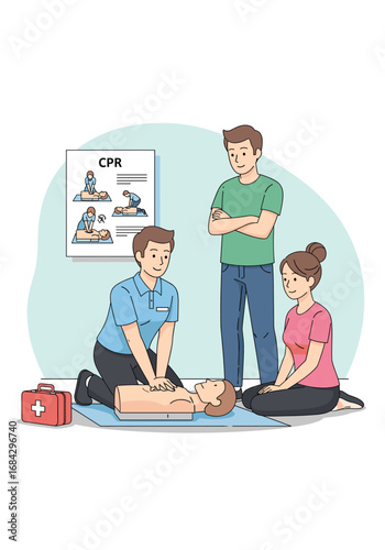 An instructor demonstrates life-saving cardiopulmonary resuscitation techniques on a training manikin to attentive students during an important first aid course.