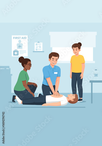 A skilled instructor demonstrates essential CPR techniques to attentive students during a first aid training course, emphasizing emergency preparedness and vital skills.