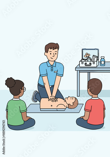 An instructor teaches two young students the critical life-saving technique of CPR using a training mannequin during a first aid class.