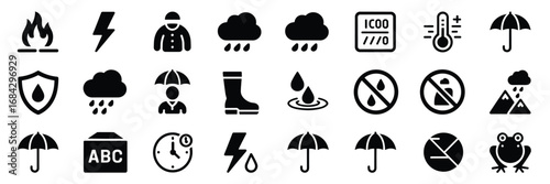Weather and Safety Icon Set – Black Line Icons for Climate, Protection, and Environmental Awareness