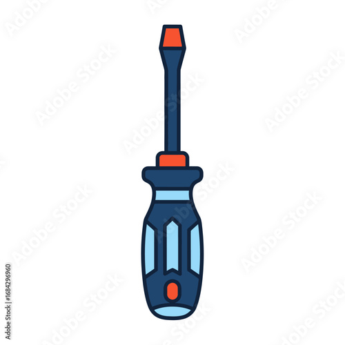 A flathead screwdriver, depicted in a simple, colorful, and illustrative style, ready for use.