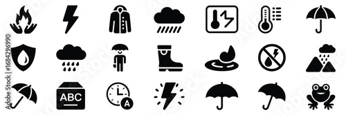 Weather and Safety Icon Set – Black Line Icons for Climate, Protection, and Environmental Awareness