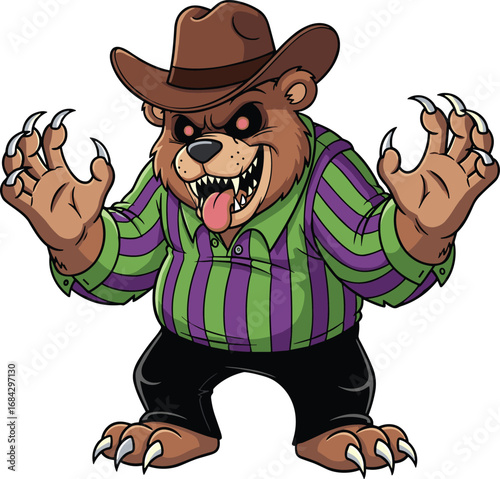 Cartoon cowboy bear mascot, aggressive wild animal character, anthropomorphic predator illustration, western outlaw vector art, fierce claws and glowing eyes design