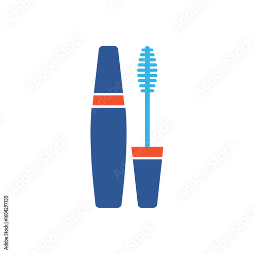A flat vector illustration of a blue mascara tube with an orange band and a blue mascara wand.