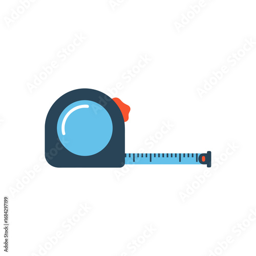 A flat vector illustration of a blue and dark gray retractable tape measure with an orange button, extending to the right.