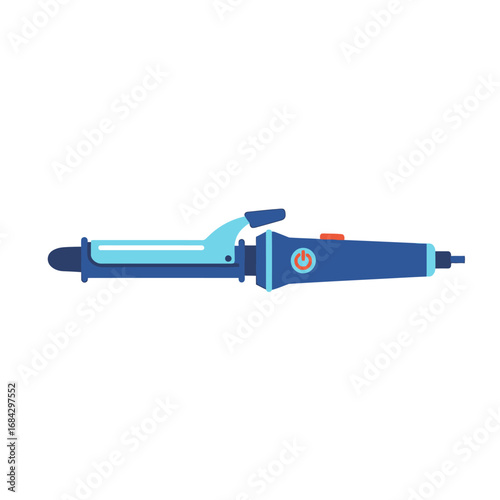 Blue curling iron with light blue clamp, power button, and cord.