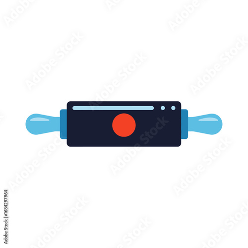 A stylized illustration of a dark blue rolling pin with bright blue handles and a small red circle in the center, isolated on a white background.